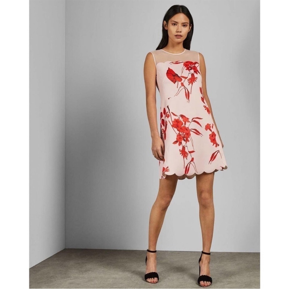 Ted Baker Pink Jaazmin Fantasia Mini Dress 1/US4 Women's Floral Scallop